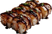 Grilled sushi roll topped with teriyaki sauce and green onions on black background. Close up view of Japanese fusion cuisine with drizzled dark glaze.
