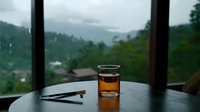Glass of whiskey on wooden table against misty mountain landscape view through window, creating moody atmospheric scene with chopsticks in foreground.