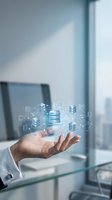 Business professional hand displaying floating digital database network icons in modern office environment for cloud computing and data management solutions.