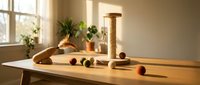 Wooden cat toys arranged on a sunlit table, including a scratching post, felt balls, and a feather wand in a cozy home interior.