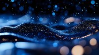 Glowing abstract wave pattern with sparkles and bokeh lights against dark blue background creates magical atmosphere for festive designs.