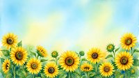 Watercolor sunflower field border with bright yellow blooms and green leaves against soft blue sky background for summer designs and natural decorations.