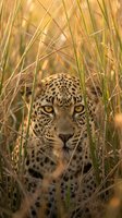 Leopard hiding in tall golden grass during sunset with intense yellow eyes staring directly at camera in natural habitat for wildlife photography projects.