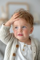 Young child wearing beige knit cardigan and white shirt touches head while looking up with bright blue eyes and gentle expression in soft natural lighting.
