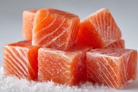 Fresh raw salmon cubes on ice with visible marbling and texture, ready for sushi, poke bowls, or gourmet cooking preparations.