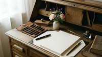 Vintage wooden desk with calligraphy set, blank paper and fresh flowers in ceramic vase. Elegant workspace setup for writing and creative projects.