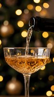 Champagne pouring into coupe glass with golden bokeh lights in background, celebration and festive occasion beverage.