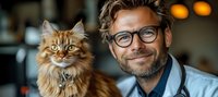 Smiling male veterinarian with glasses and stethoscope posing with a fluffy ginger cat in a modern clinic.
