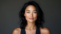 Young Asian woman with natural makeup and black sleeveless top smiling confidently against dark background, professional headshot portrait with soft lighting.