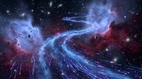 Cosmic nebula with swirling blue and red gas clouds in deep space surrounded by bright stars creating spectacular celestial formation for astronomy content.