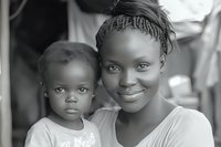 Young African mother holding toddler child in black and white portrait showing maternal bond and family connection in urban setting.