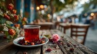 Traditional Turkish tea in glass cup with dried roses on rustic wooden table at cozy cafe with warm bokeh lights creating intimate atmosphere.