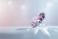 Sparkling pink diamond on light surface with soft bokeh background and reflective light rays creating luxurious gemstone atmosphere.