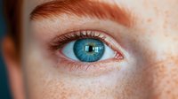 Close-up macro shot of bright blue human eye with detailed iris pattern, long eyelashes, and natural freckles on pale skin. For beauty, medical, or vision concepts.