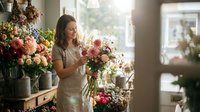 Young female florist arranging colorful bouquet in bright flower shop workspace with natural sunlight streaming through windows.