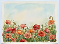 Watercolor painting of red and orange poppies in meadow with green stems and leaves on textured paper background for botanical art and floral decor.