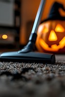 Vacuum cleaner on carpet with glowing jack o lantern pumpkin in background creating spooky Halloween atmosphere for seasonal cleaning and home maintenance.
