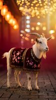 White goat wearing ornate floral embroidered blanket standing on cobblestone street with warm golden bokeh lights creating festive holiday atmosphere.