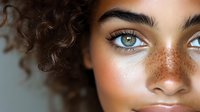 Close-up portrait of young woman with curly hair, freckles, and striking blue eyes against neutral background.