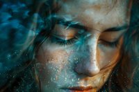 Young woman with closed eyes and freckles in dreamy double exposure with blue abstract light effects and sparkles creating ethereal atmospheric portrait.