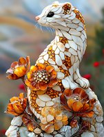 Mystical white cat figurine adorned with intricate orange floral patterns and mosaic-like scales, sitting elegantly among decorative metallic copper flowers.