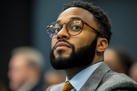 Professional African American businessman with glasses and beard in formal suit looking upward thoughtfully during corporate meeting or conference.