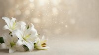 White lilies with green stems on soft beige background with bokeh lights and sparkles, suitable for wedding, greeting cards, and spring floral designs.