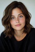 Young Caucasian woman with natural freckles and wavy brown shoulder-length hair wearing black sweater poses for casual portrait against light background.