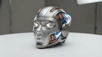 Futuristic robotic head with metallic silver finish and glowing blue circuits on white surface. Advanced artificial intelligence concept for technology projects.