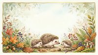 Three hedgehogs in natural woodland setting surrounded by autumn foliage, mushrooms, and berries. Isolated illustration on cream background, suitable for children's books, nursery decor, greeting cards, and educational materials.