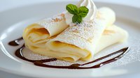 Delicate crepes with whipped cream, mint leaf garnish, and chocolate sauce drizzle on white plate, dusted with powdered sugar for elegant dessert presentation.