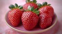 Fresh ripe strawberries arranged on pink plate against soft background. Vibrant red berries with green leaves, ideal for food, nutrition, healthy eating, and culinary content.