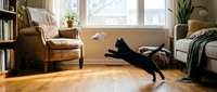 Black cat jumping mid-air in bright living room with wooden floor, leather armchair, bookshelf, and natural window light. Perfect for home decor, pet lifestyle, and interior design projects.