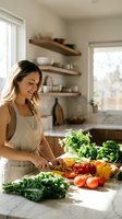 Woman in beige apron chopping fresh vegetables on marble countertop in bright kitchen with wooden shelves, preparing healthy meal ingredients.