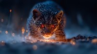 Mystical leopard with glowing orange eyes in dark blue atmospheric setting with magical bokeh light effects and snow, dramatic wildlife fantasy art composition.