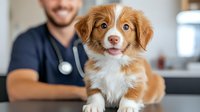 Adorable Nova Scotia Duck Tolling Retriever puppy with bright blue eyes and red-gold fur at veterinary clinic, veterinarian in background wearing stethoscope.
