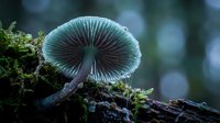 Delicate mushroom with ribbed cap growing on moss-covered log in forest environment showcasing natural fungi biodiversity and woodland ecosystem details.