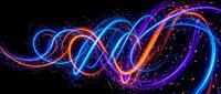 Vibrant neon light trails creating flowing ribbons and spirals against black background with glowing particles for digital art and futuristic designs.