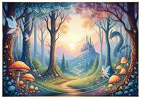 Enchanted forest path leads to fairy tale castle with magical creatures, mushrooms and glowing lights creating mystical fantasy landscape for storytelling.