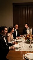 Elegant dinner party with four people in formal attire enjoying conversation at candlelit table in luxurious dining room with rich wood paneling.