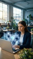 Professional businesswoman using laptop with holographic real estate icons in modern office workspace for property technology applications.