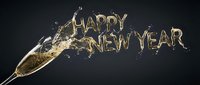 Champagne flute splashing golden liquid forming Happy New Year text on dark background, festive celebration concept for greeting cards and banners.