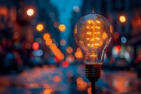 Glowing light bulb with bitcoin symbol against blurred city night lights, representing cryptocurrency innovation and digital finance concept.