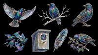 Iridescent starling birds clipart set isolated on transparent background, ready for t-shirt design, stickers, sublimation, and print on demand crafts.