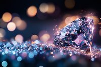 Sparkling diamond on glittering surface with magical bokeh lights in blue and orange tones creating luxurious atmosphere. Macro jewelry photography.