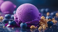 Purple berry ice cream scoop garnished with fresh blueberries and cookie crumbles on dark background with dramatic lighting and selective focus.