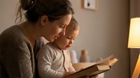 Young Caucasian mother reading bedtime story to toddler son in cozy bedroom with warm lamp light creating intimate bonding moment for family time.