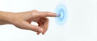 Human hand pointing at glowing blue digital interface element on white background. Futuristic touch screen technology concept for business presentations.