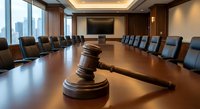 Wooden gavel on polished conference table in modern boardroom with city skyline view for legal meetings and corporate decisions.