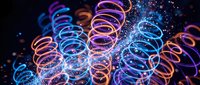 Colorful neon spiral coils with electric blue and pink lighting effects creating dynamic energy patterns against dark background for modern design projects.